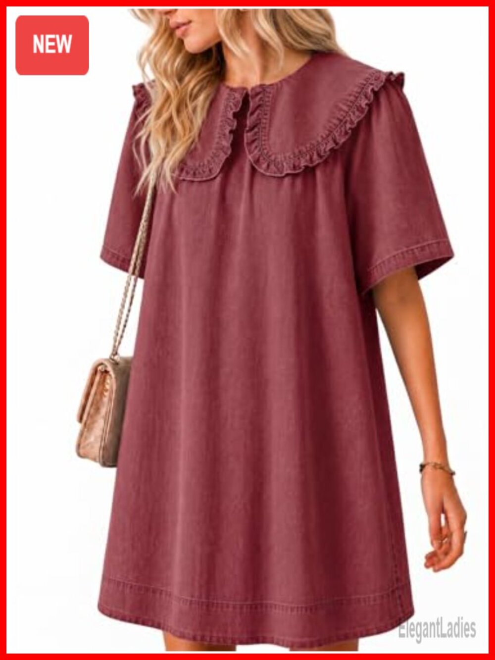 Wenrine Women's Denim Mini Dress Oversized Babydoll Peter Pan Collar Back Zipper